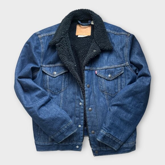 Levi's Premium Dark Wash Denim Sherpa Jacket w/ Black Shearling - men's med - Picture 1 of 6
